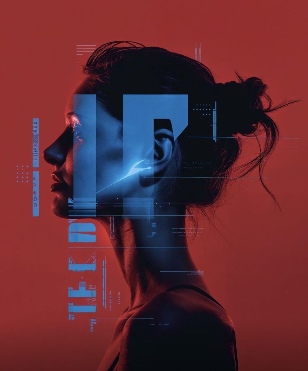 Perfil em vermelho e azul com elementos tipográficos