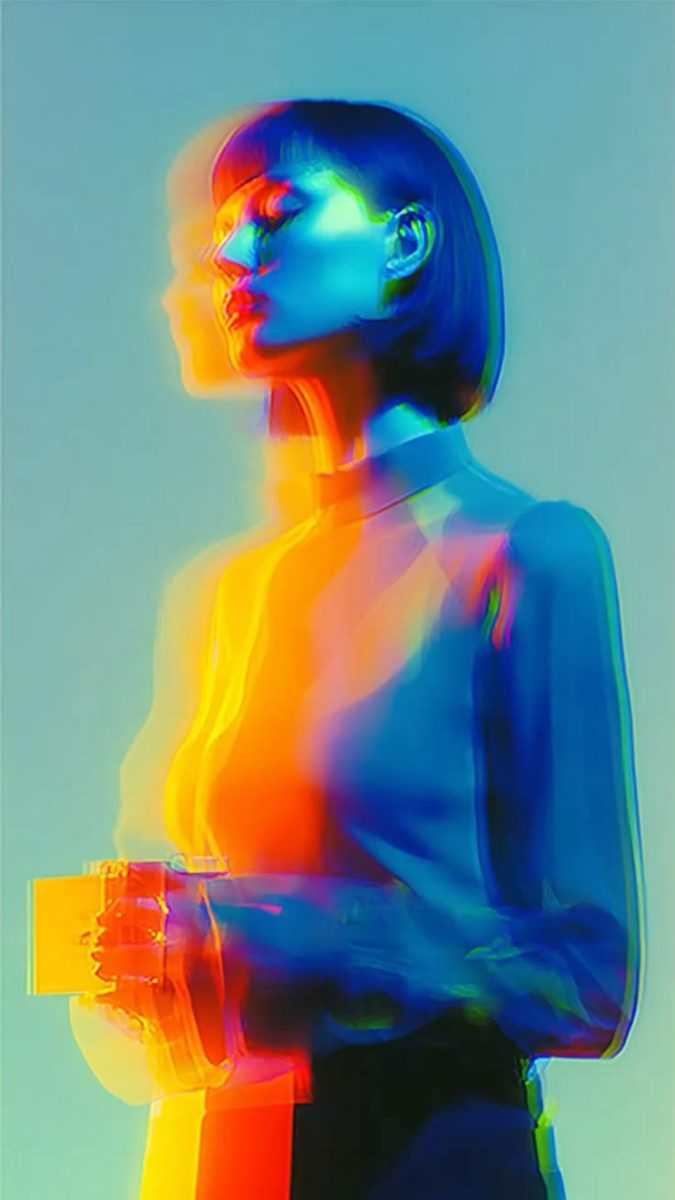 Retrato em dupla exposição com tons de laranja e azul